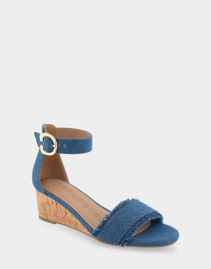 Aerosoles Comfortable Women039s Ankle Strap Mid Wedge Sandal In Denim Fabric Denim Fabric Denim Fabric Women Wedges