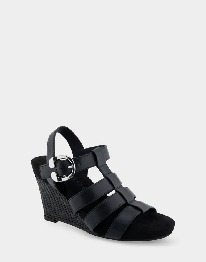 Aerosoles Comfortable Women039s Caged Footbed Wedge Sandal In Black Faux Leather Black Faux Leather Women Wedges