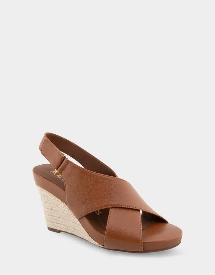 Aerosoles Comfortable Women039s Crisscross Velcro Back Footbed Wedge Sandal In Tan Faux Leather Tan Faux Leather Women Dress