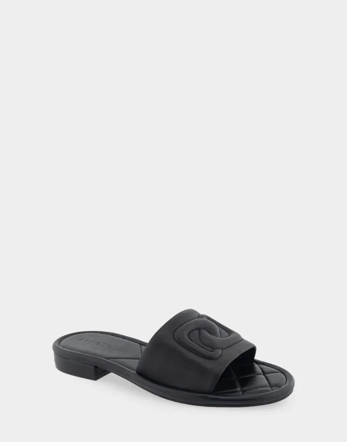 Aerosoles Comfortable Women039s Debossed Chain Link Slide Sandal In Black Leather Black Leather Women Flats