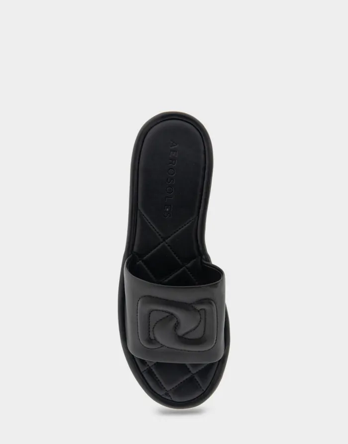 Aerosoles Comfortable Women039s Debossed Chain Link Slide Sandal In Black Leather Black Leather Women Flats