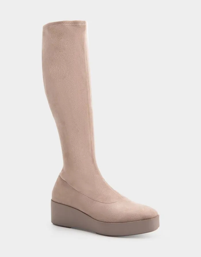 Aerosoles Comfortable Women039s Flatform Heel Tall Shaft Boot In Beige Stretch Faux Suede Trench Coat Stretch Faux Suede Women Tall Boots