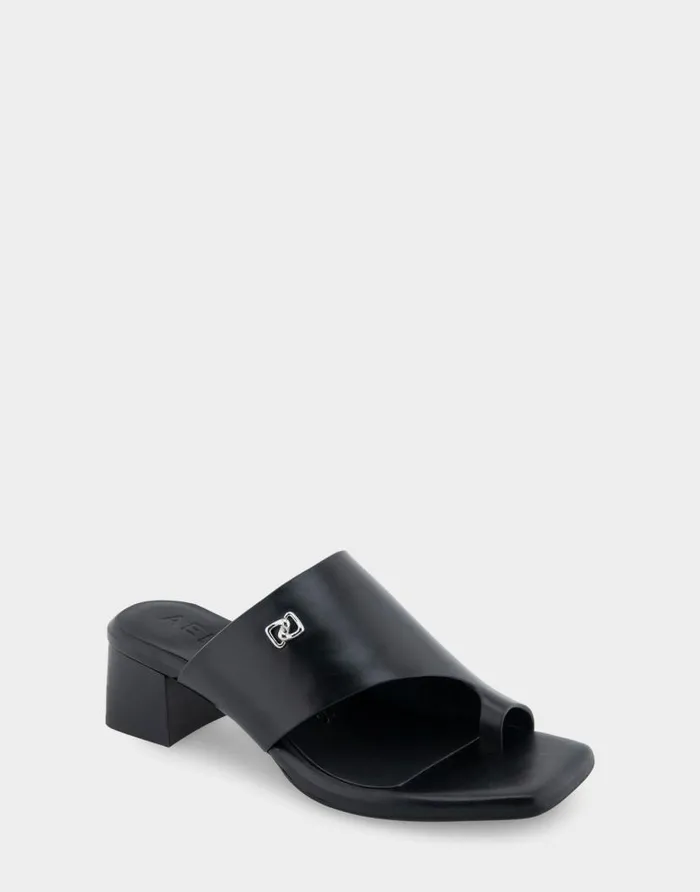 Aerosoles Comfortable Women039s Hooded Toe Ring Block Heel Slide Sandal In Black Leather Black Leather Women Slides