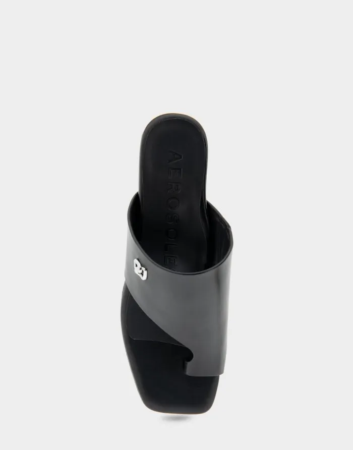 Aerosoles Comfortable Women039s Hooded Toe Ring Block Heel Slide Sandal In Black Leather Black Leather Women Slides