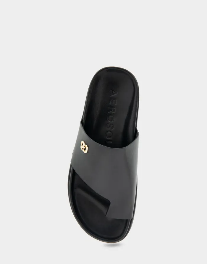 Aerosoles Comfortable Women039s Hooded Toe Ring Footbed Sandal In Black Leather Black Leather Women Flats