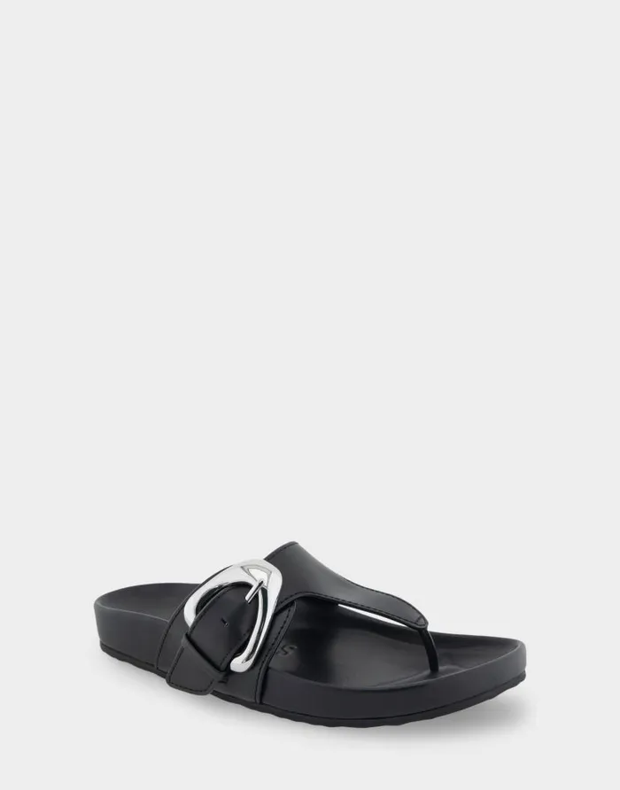 Aerosoles Comfortable Women039s Oversized Buckle Molded Footbed Thong Sandal In Black Leather Black Leather Women Clogs and Mules