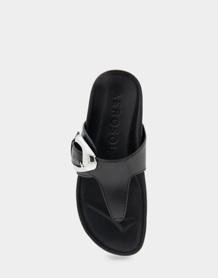 Aerosoles Comfortable Women039s Oversized Buckle Molded Footbed Thong Sandal In Black Leather Black Leather Women Clogs and Mules