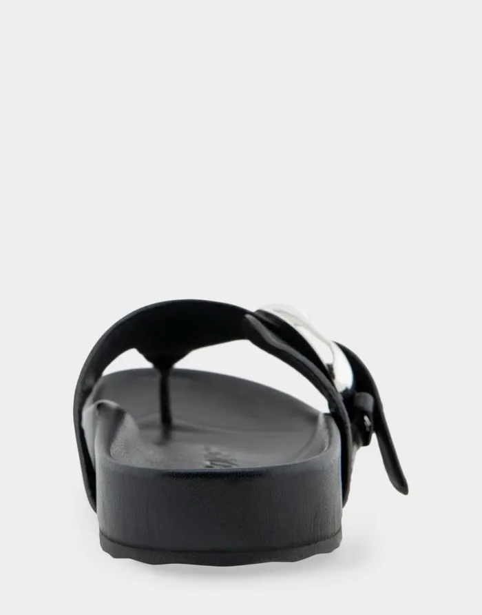 Aerosoles Comfortable Women039s Oversized Buckle Molded Footbed Thong Sandal In Black Leather Black Leather Women Clogs and Mules