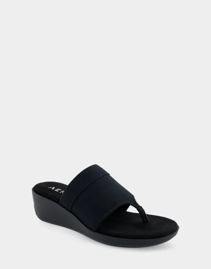 Aerosoles Comfortable Women039s Stretch Molded Wedge Thong Sandal In Black Elastic Elastic Fabric Black Elastic Women Clogs and Mules