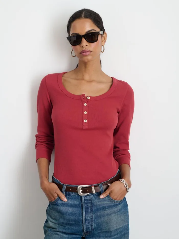 Alex Mill Tees Tanks Women Everyday Ribbed Henley Brick Red Alex Mill Tees Tanks Women Everyday Ribbed Henley Brick Red
