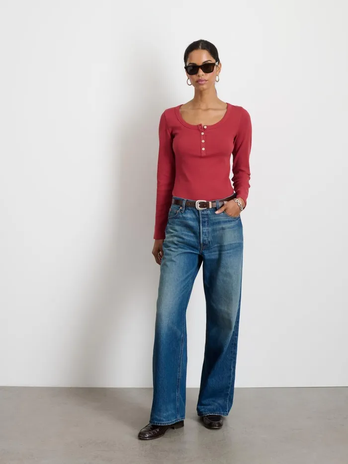 Alex Mill Tees Tanks Women Everyday Ribbed Henley Brick Red Alex Mill Tees Tanks Women Everyday Ribbed Henley Brick Red