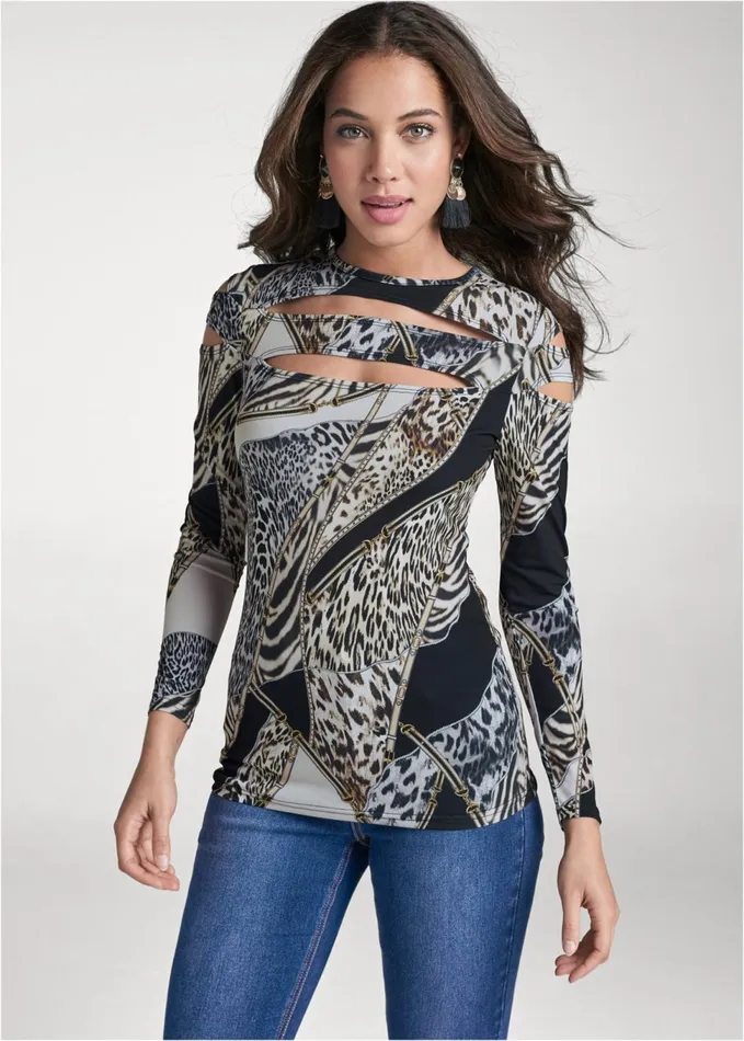 ANIMAL PRINT STRAPPY TOP Black Multi Women VENUS Night Out Tops