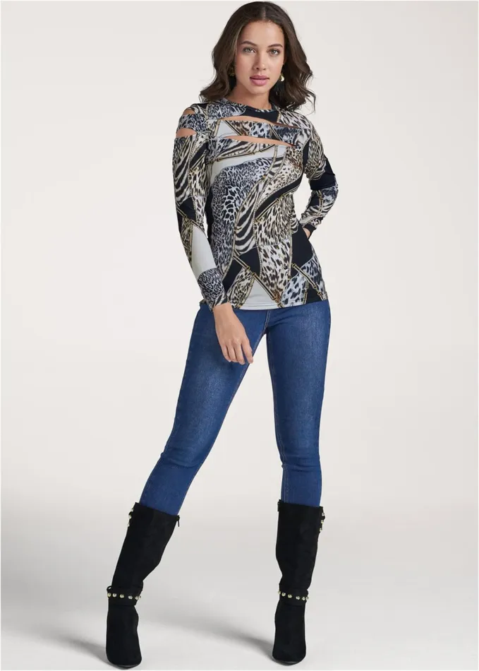 ANIMAL PRINT STRAPPY TOP Black Multi Women VENUS Night Out Tops