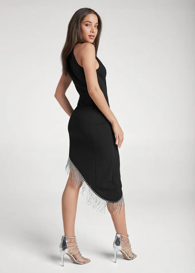 ASYMMETRICAL FRINGE DRESS Black Women VENUS Midi Dresses