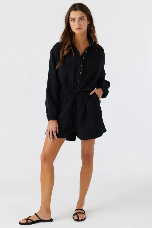 AVALA COTTON CRINKLE DOUBLE GAUZE ROMPER Black Women O039NEILL Clothing