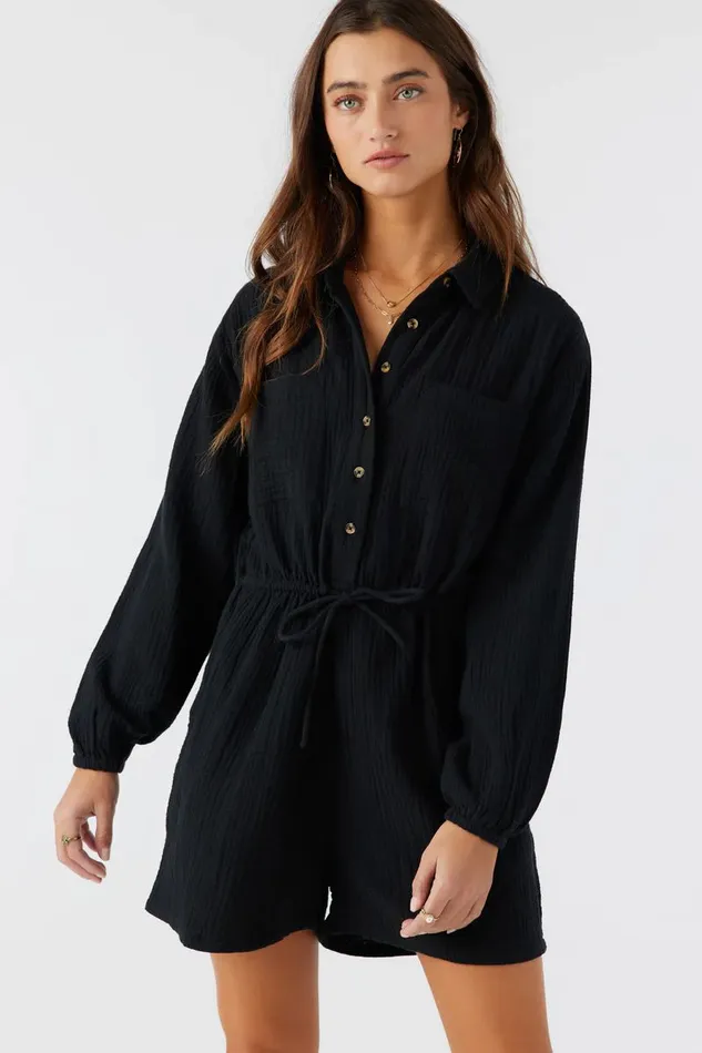 AVALA COTTON CRINKLE DOUBLE GAUZE ROMPER Black Women O039NEILL Clothing