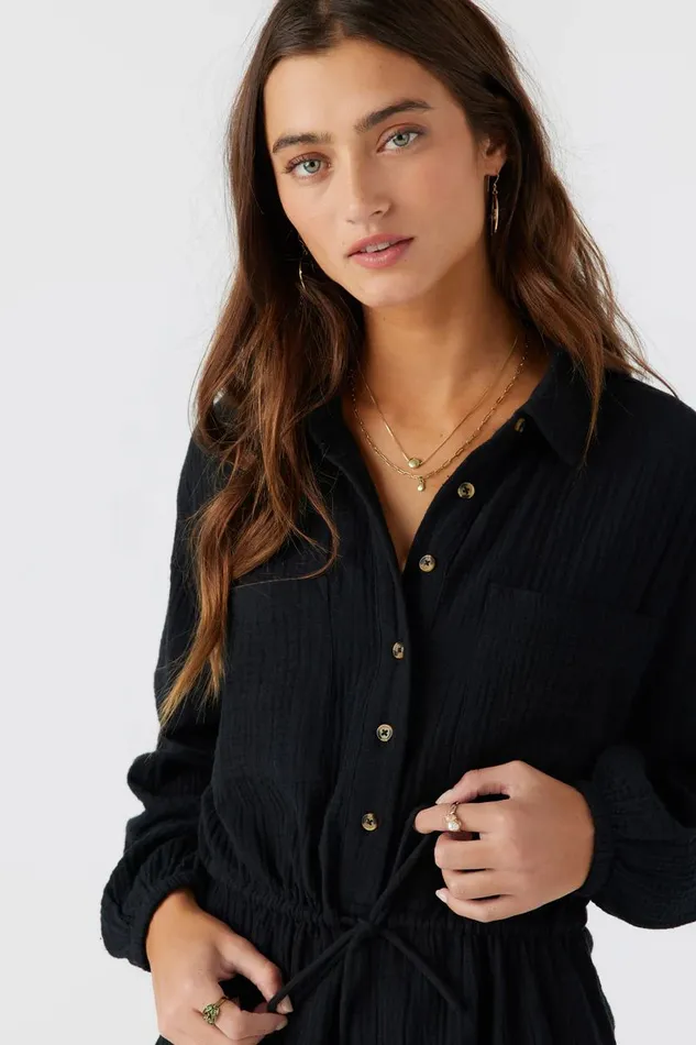 AVALA COTTON CRINKLE DOUBLE GAUZE ROMPER Black Women O039NEILL Clothing