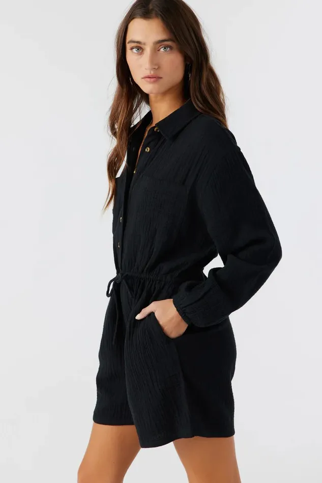AVALA COTTON CRINKLE DOUBLE GAUZE ROMPER Black Women O039NEILL Clothing