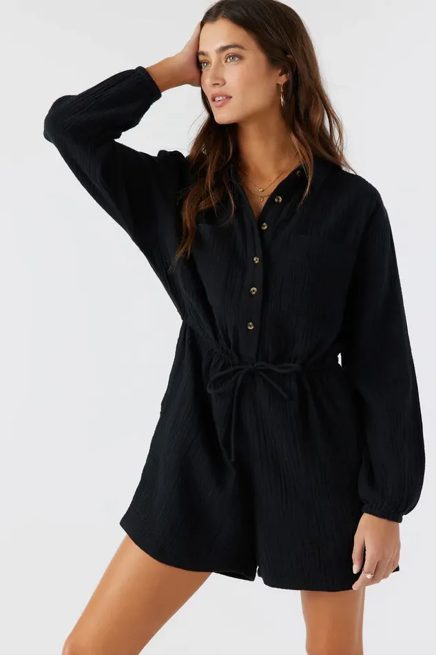 AVALA COTTON CRINKLE DOUBLE GAUZE ROMPER Black Women O039NEILL Clothing