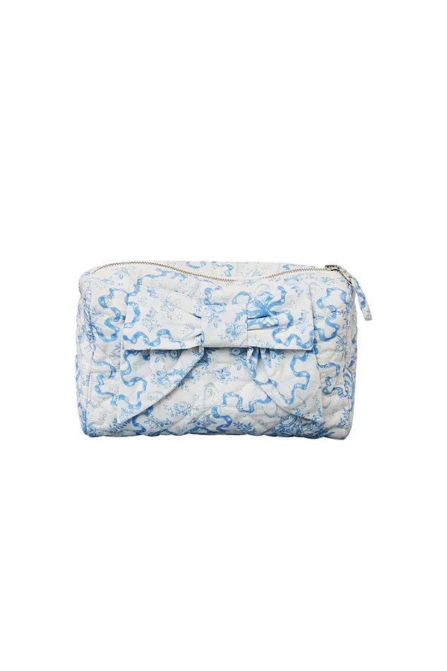 Bags and Travel Women LoveShackFancy Octavia Quilted Bow Cosmetic Travel Bag Blissful Blue