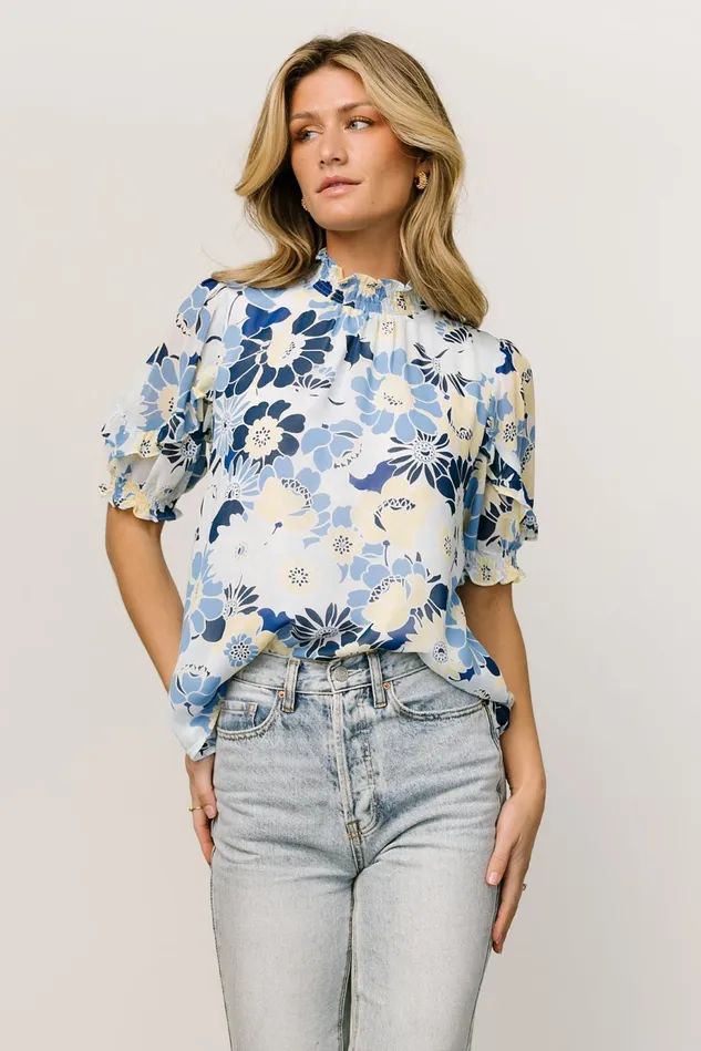 Baltic Born Blouses Shirts Women Lisa Ruffle Sleeve Top Blue Floral Baltic Born Blouses Shirts Women Lisa Ruffle Sleeve Top Blue Floral