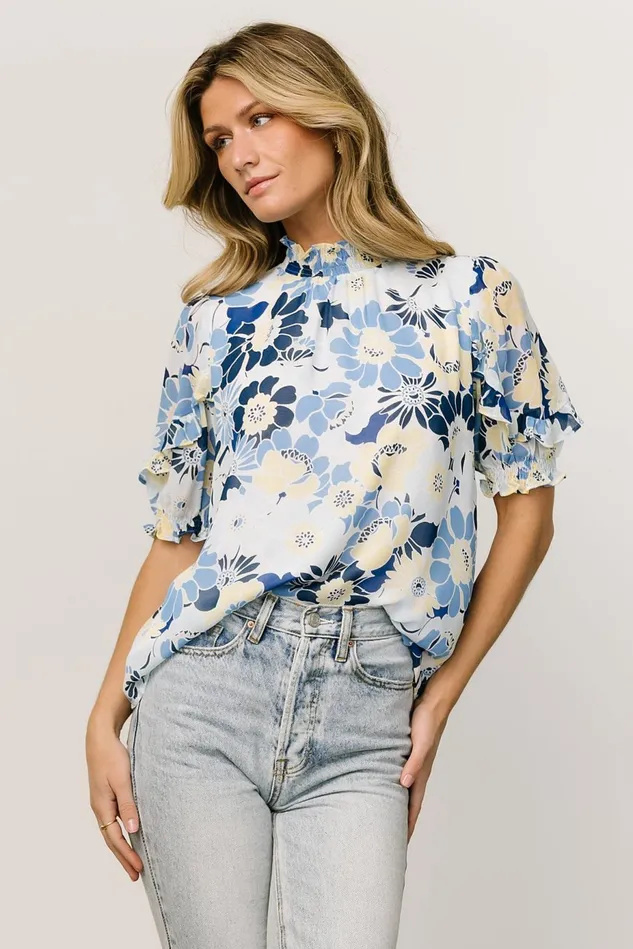 Baltic Born Blouses Shirts Women Lisa Ruffle Sleeve Top Blue Floral Baltic Born Blouses Shirts Women Lisa Ruffle Sleeve Top Blue Floral
