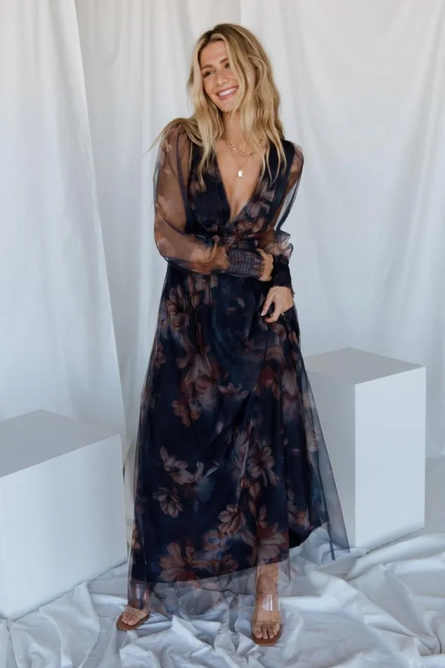 Baltic Born Bump Friendly Women Layla Tulle Maxi Dress Dark Blue Floral