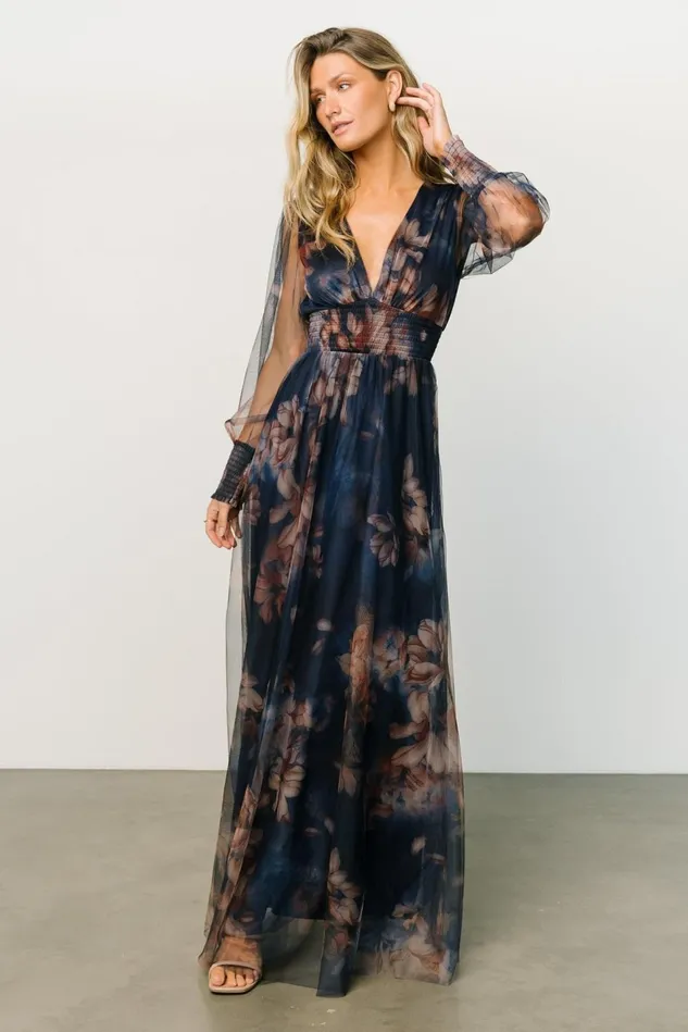 Baltic Born Bump Friendly Women Layla Tulle Maxi Dress Dark Blue Floral