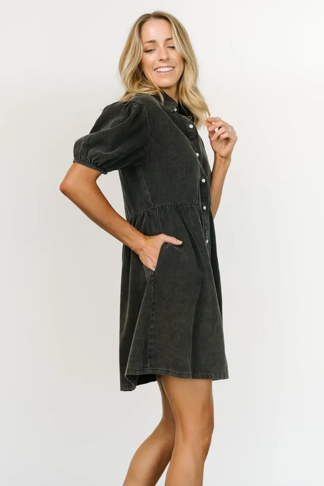 Baltic Born Short Dresses Women Fontana Puff Sleeve Short Dress Washed Black Baltic Born Short Dresses Women Fontana Puff Sleeve Short Dress Washed Black