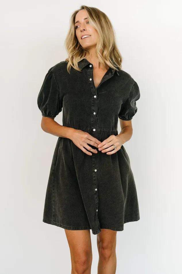 Baltic Born Short Dresses Women Fontana Puff Sleeve Short Dress Washed Black Baltic Born Short Dresses Women Fontana Puff Sleeve Short Dress Washed Black