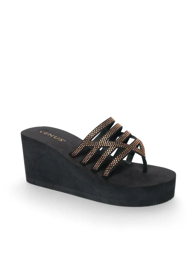 BEADED COMFORT WEDGE SANDAL Black Women VENUS Sandals and Wedges
