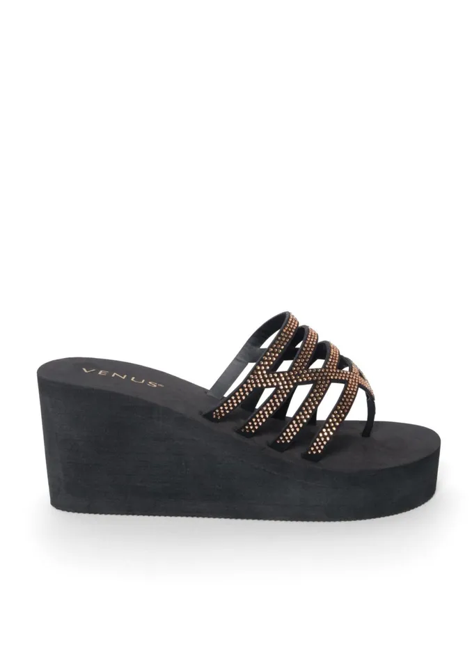 BEADED COMFORT WEDGE SANDAL Black Women VENUS Sandals and Wedges