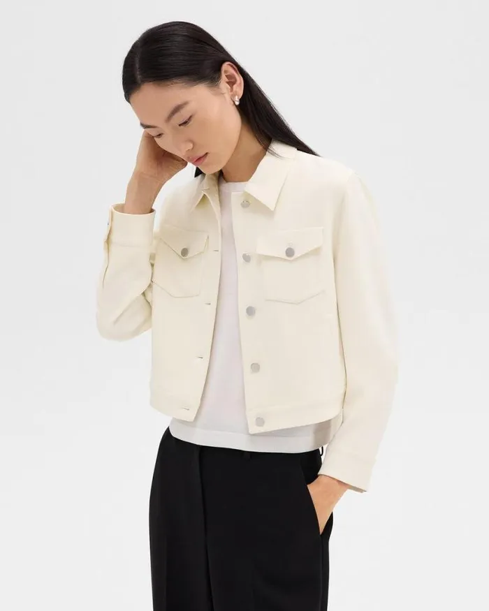 Blazers Jackets Women Theory Shrunken Trucker Jacket In Admiral Crepe Rice