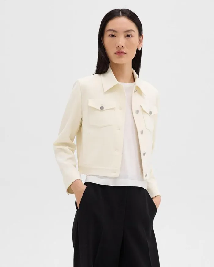 Blazers Jackets Women Theory Shrunken Trucker Jacket In Admiral Crepe Rice
