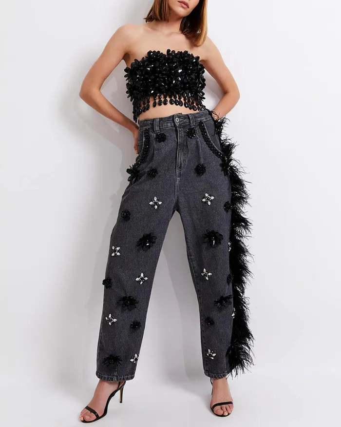 Bottoms Women PatBO HANDBEADED JEANS WITH FEATHER TRIM RUNWAY