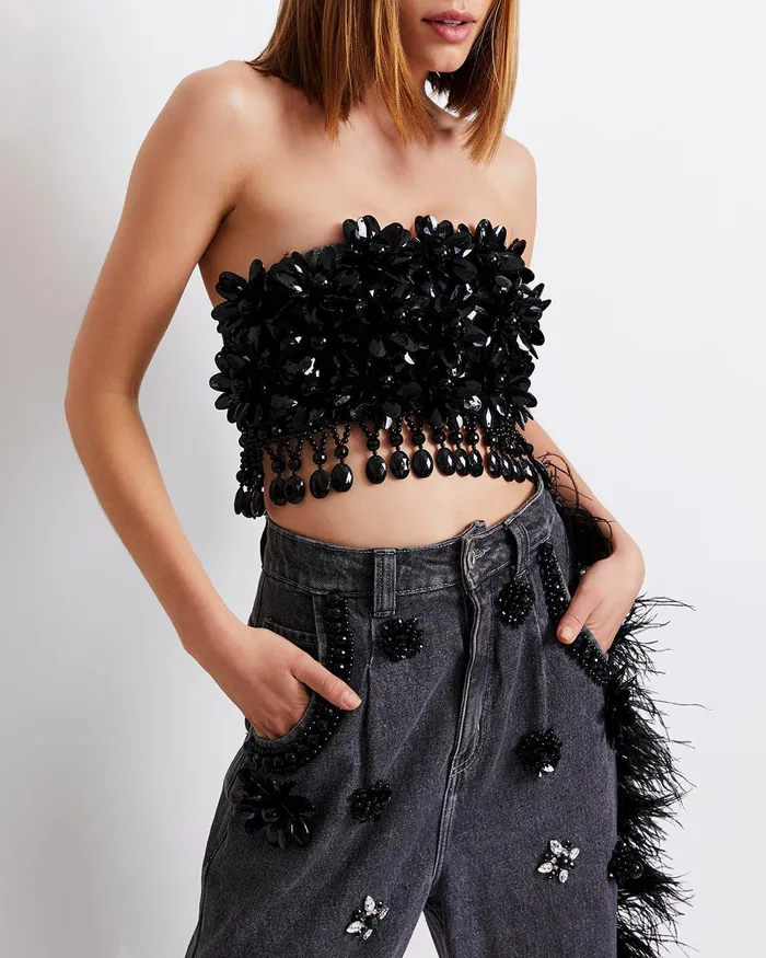 Bottoms Women PatBO HANDBEADED JEANS WITH FEATHER TRIM RUNWAY