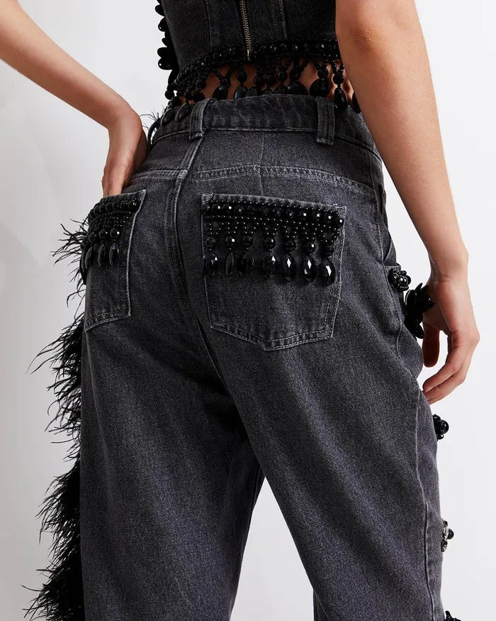 Bottoms Women PatBO HANDBEADED JEANS WITH FEATHER TRIM RUNWAY