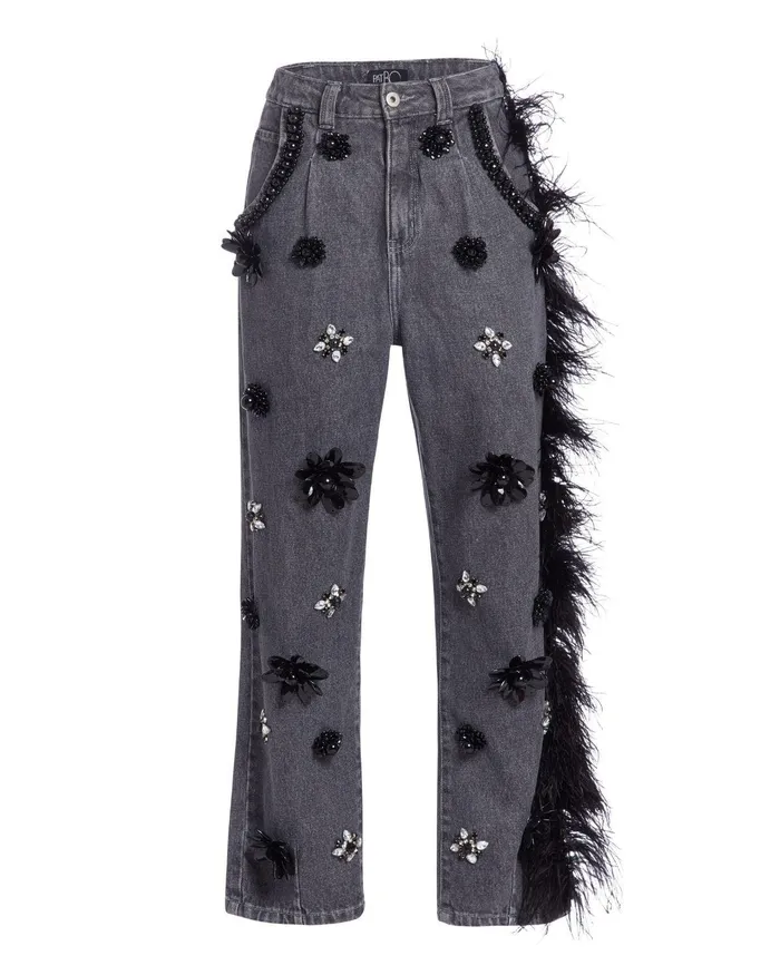 Bottoms Women PatBO HANDBEADED JEANS WITH FEATHER TRIM RUNWAY