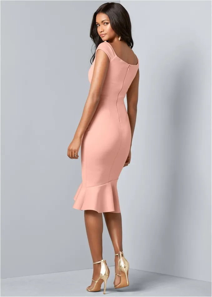 CAP SLEEVE RUFFLE DETAIL DRESS Blush Women VENUS Midi Dresses