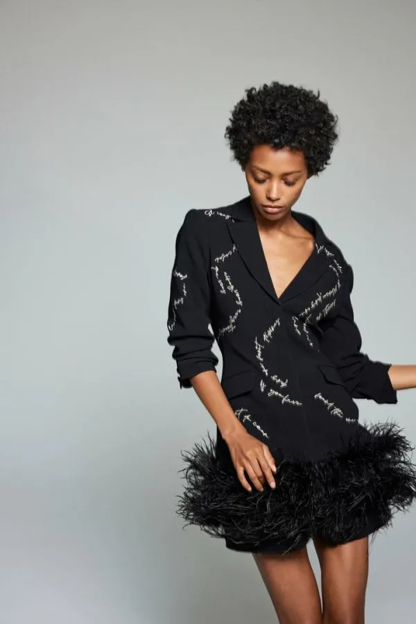 Cinq Sept Feather And Script Embellished Joel Dress Black Women Mini
