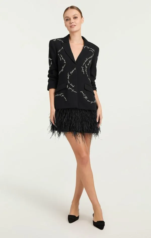 Cinq Sept Feather And Script Embellished Joel Dress Black Women Mini