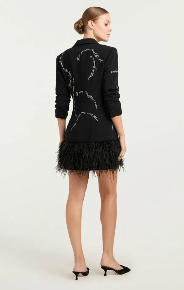 Cinq Sept Feather And Script Embellished Joel Dress Black Women Mini