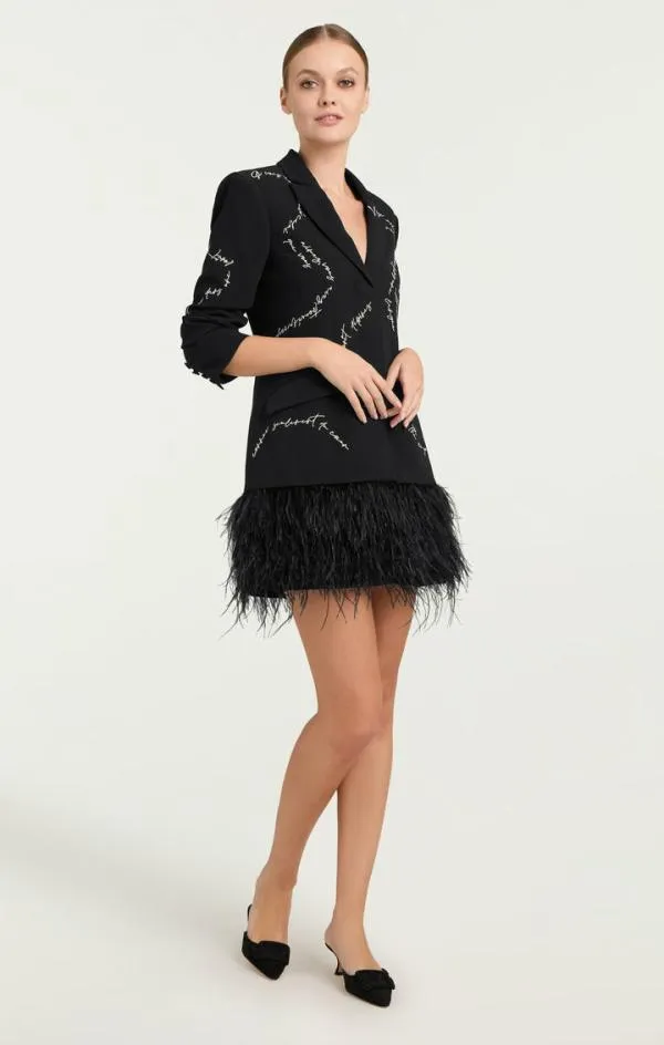 Cinq Sept Feather And Script Embellished Joel Dress Black Women Mini