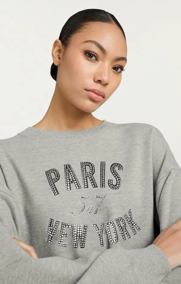 Cinq Sept Rhinestone Paris New York Brandy Pullover Heather Greyblack Women Long Sleeve Tops