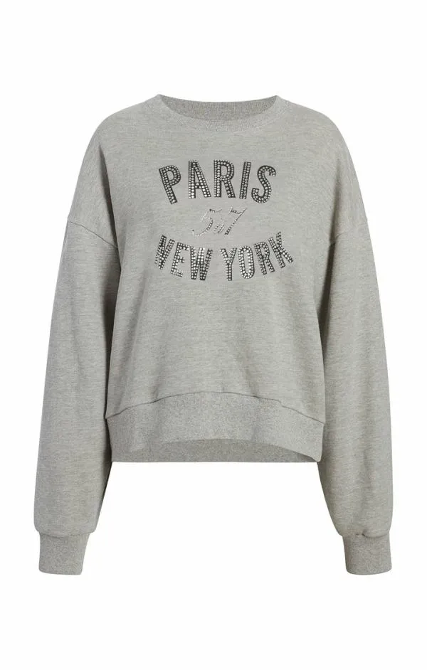 Cinq Sept Rhinestone Paris New York Brandy Pullover Heather Greyblack Women Long Sleeve Tops