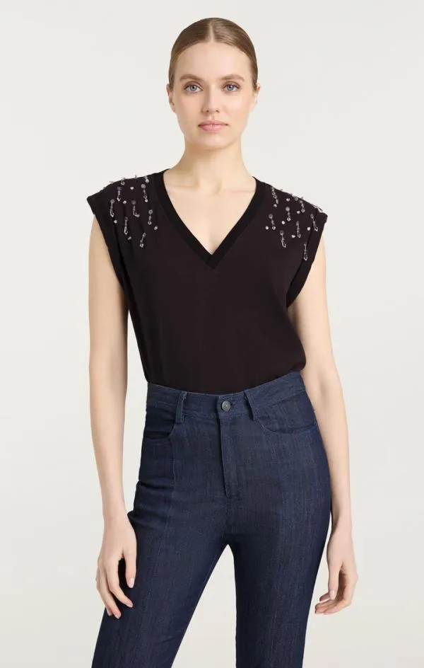 Cinq Sept Teardrop Crystal Embellished VNeck Bella Tee Black Multi Women Tees