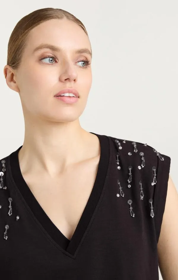 Cinq Sept Teardrop Crystal Embellished VNeck Bella Tee Black Multi Women Tees