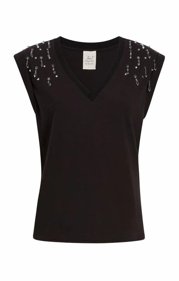 Cinq Sept Teardrop Crystal Embellished VNeck Bella Tee Black Multi Women Tees