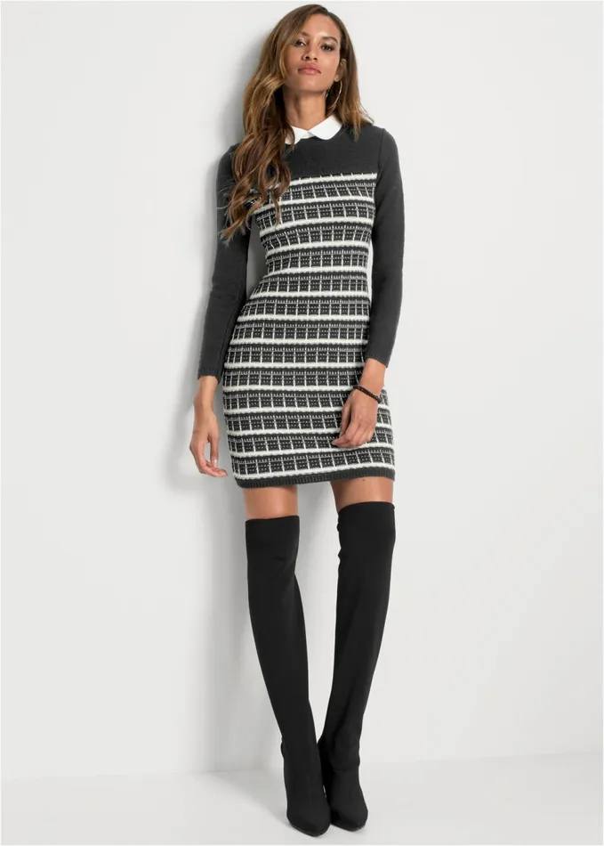 Collared Sweater Dress Black and White Women VENUS Short Dresses