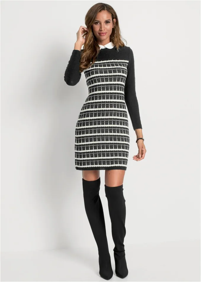 Collared Sweater Dress Black and White Women VENUS Short Dresses